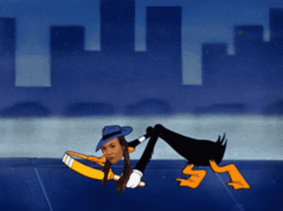 A Cartoon Of A Woman In A Blue Hat Standing Next To A Duck GIF