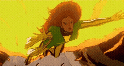 A Cartoon Of A Woman In A Green And Gold Superhero Costume Flying Through The Air . GIF