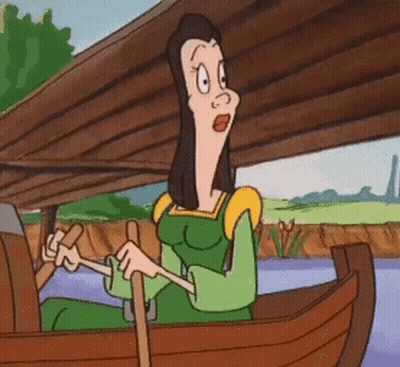 A Cartoon Of A Woman In A Green Dress Rowing A Boat GIF
