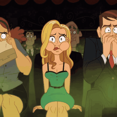 A Cartoon Of A Woman In A Green Dress Sitting In A Theater GIF