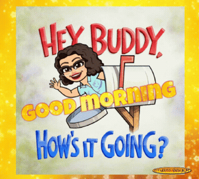 A Cartoon Of A Woman In A Mailbox With The Words " Hey Buddy Good Morning How 'S It Going " GIF
