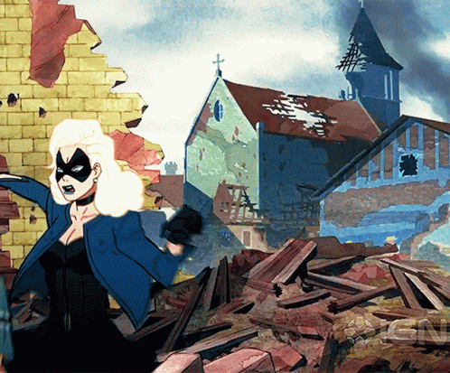 A Cartoon Of A Woman In A Mask Standing In Front Of A Destroyed Building GIF