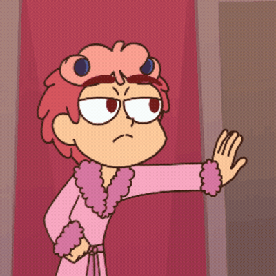 A Cartoon Of A Woman In A Pink Robe Waving Her Hand GIF