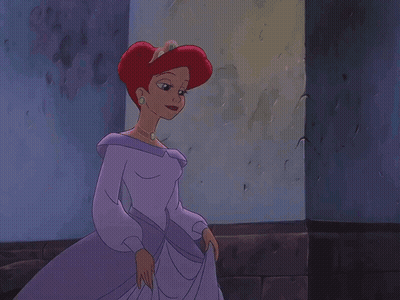 A Cartoon Of A Woman In A Purple Dress Sitting In The Water GIF