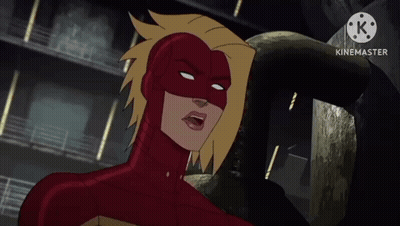 A Cartoon Of A Woman In A Red And Yellow Superhero Costume With The Words Kinemaster Below Her GIF