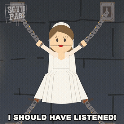 A Cartoon Of A Woman In A Wedding Dress Chained To A Wall With The Words " I Should Have Listened " Below Her GIF