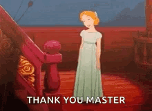 A Cartoon Of A Woman In A White Dress Standing Next To A Red Railing And Saying `` Thank You Master '' . GIF