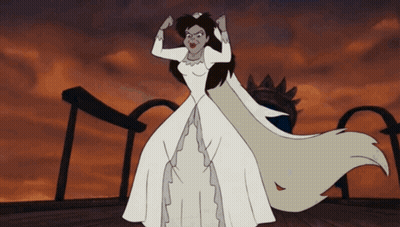 A Cartoon Of A Woman In A White Dress Standing On A Bridge GIF
