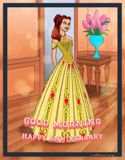 A Cartoon Of A Woman In A Yellow Dress With The Words Good Morning Happy Anniversary GIF