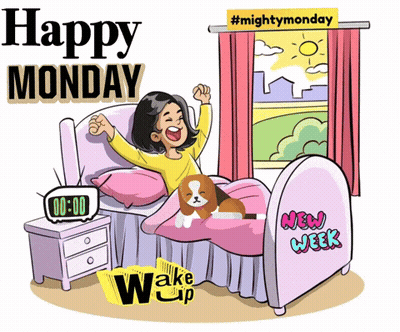 A Cartoon Of A Woman In Bed With A Dog And The Words Happy Monday GIF
