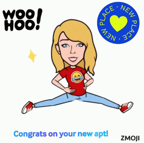 A Cartoon Of A Woman Jumping In The Air With The Words Congrats On Your New Apartment Zmoji GIF