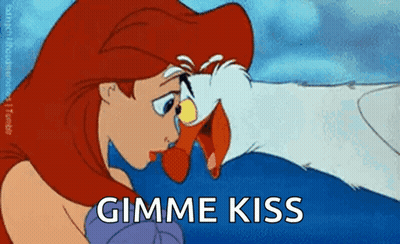 A Cartoon Of A Woman Kissing A Bird With The Words Gimme Kiss Written Below Her GIF