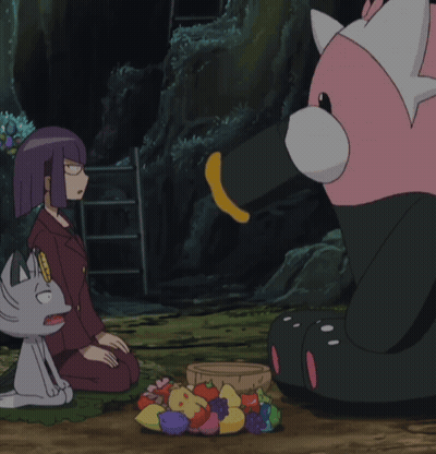 A Cartoon Of A Woman Kneeling Down Next To A Large Pink Bear Eating Fruit GIF