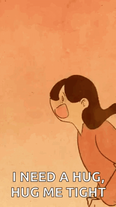 A Cartoon Of A Woman Kneeling Down With The Words `` I Need A Hug , Hug Me Tight '' . GIF