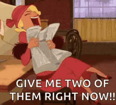 A Cartoon Of A Woman Laughing While Holding A Newspaper And Saying `` Give Me Two Of Them Right Now ! '' GIF