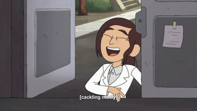 A Cartoon Of A Woman Laughing With The Words " Cackling Madly " Next To Her GIF