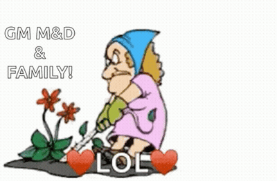 A Cartoon Of A Woman Laying In A Garden With The Words Gm M & D & Family Below GIF