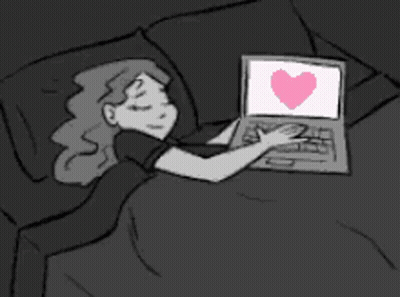 A Cartoon Of A Woman Laying In Bed Using A Laptop With A Heart On The Screen GIF