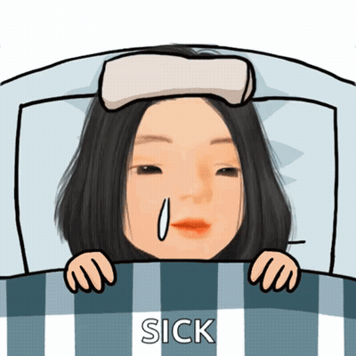 A Cartoon Of A Woman Laying In Bed With A Towel On Her Head And The Words Sick Below Her GIF