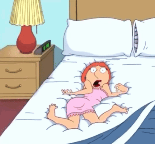 A Cartoon Of A Woman Laying On A Bed With A Lamp And A Clock On The Nightstand GIF