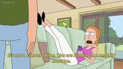 A Cartoon Of A Woman Laying On A Couch With The Words " It 'S Not A Conversation " On The Bottom Right GIF
