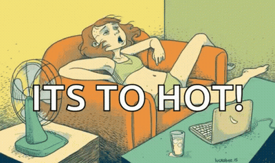 A Cartoon Of A Woman Laying On A Couch With The Words " It 'S To Hot " GIF