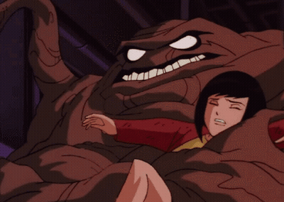A Cartoon Of A Woman Laying On A Monster GIF