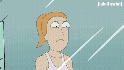 A Cartoon Of A Woman Lifting Weights In Front Of A Mirror With The Words Adult Swim Below Her GIF