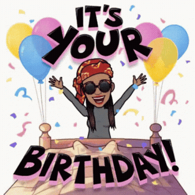 A Cartoon Of A Woman On A Bed With Balloons And Confetti And The Words It 'S Your Birthday . GIF