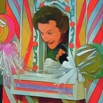 A Cartoon Of A Woman Peeking Out Of A Box With Lollipops GIF