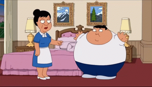 A Cartoon Of A Woman Pointing At A Very Fat Man GIF