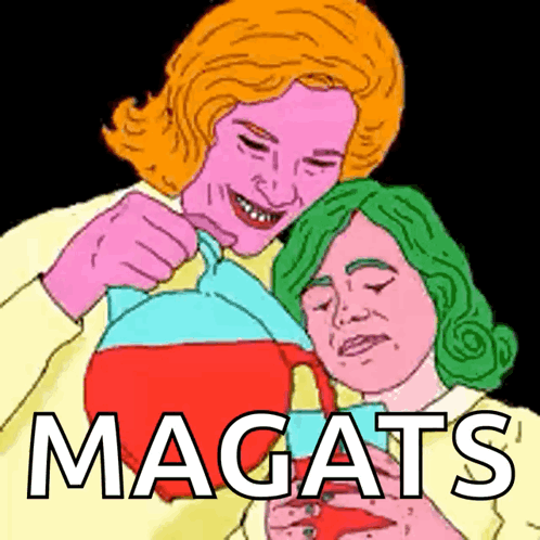 A Cartoon Of A Woman Pouring Something Into Another Woman 'S Cup With The Word Magats Written On The Bottom GIF