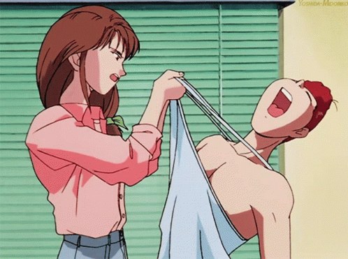 A Cartoon Of A Woman Pulling A Shirt Off Of A Man 'S Chest GIF