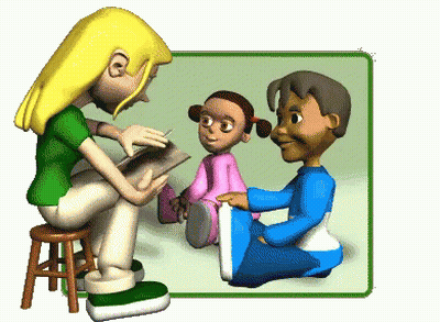 A Cartoon Of A Woman Reading To Two Children GIF