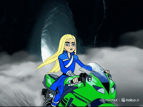 A Cartoon Of A Woman Riding A Green Motorcycle With The Words Minimax On The Bottom Right GIF