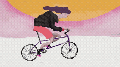 A Cartoon Of A Woman Riding A Purple Bicycle With A Black Jacket On GIF