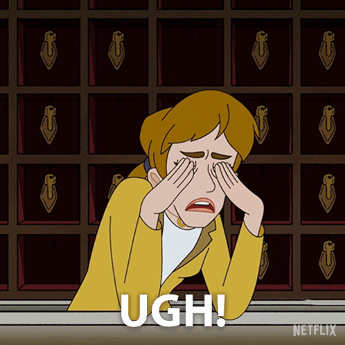 A Cartoon Of A Woman Rubbing Her Eyes With The Words Ugh Written Below Her GIF