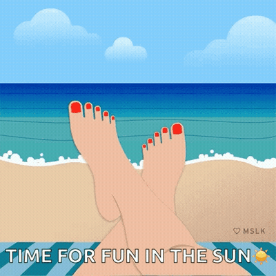 A Cartoon Of A Woman 'S Feet On The Beach With The Words Time For Fun In The Sun GIF