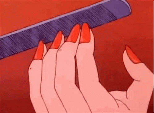A Cartoon Of A Woman 'S Hands With Red Nails Holding A Comb . GIF