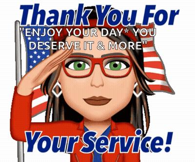 A Cartoon Of A Woman Saluting With The Words " Thank You For Your Service " Below Her GIF