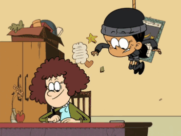 A Cartoon Of A Woman Sitting At A Desk With A Boy Flying Overhead GIF