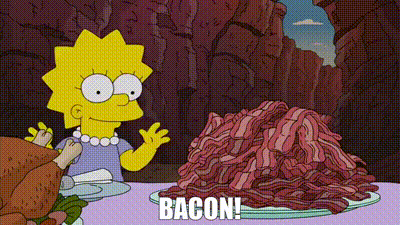 A Cartoon Of A Woman Sitting At A Table Next To A Pile Of Bacon . GIF