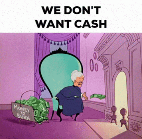 A Cartoon Of A Woman Sitting In A Chair With A Sign That Says Money To Burn On It GIF