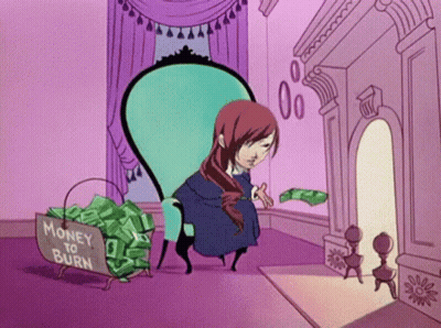 A Cartoon Of A Woman Sitting In Front Of A Fireplace With A Basket Full Of Money That Says " Money To Burn " GIF