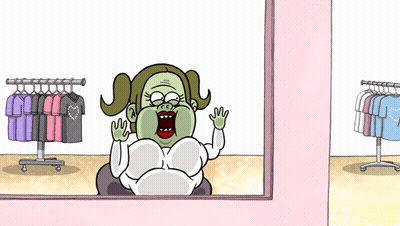 A Cartoon Of A Woman Sitting In Front Of A Mirror In A Store GIF