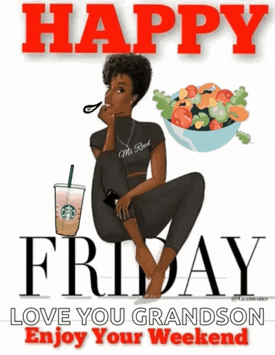 A Cartoon Of A Woman Sitting Next To A Bowl Of Vegetables And A Starbucks Cup . GIF