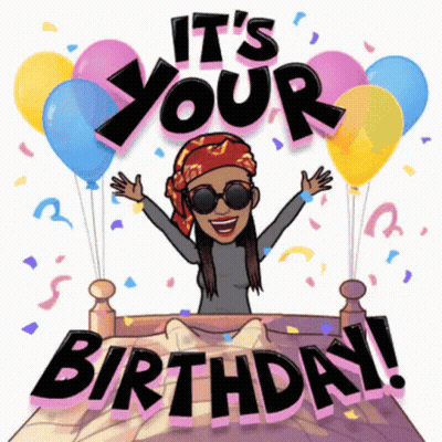 A Cartoon Of A Woman Sitting On A Bed With Balloons And Confetti And The Words It 'S Your Birthday GIF