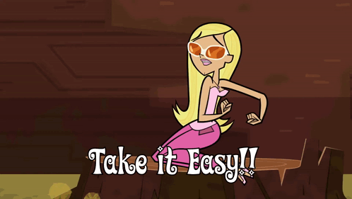 A Cartoon Of A Woman Sitting On A Rock With The Words Take It Easy GIF