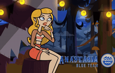 A Cartoon Of A Woman Sitting On A Stump With Anastasia Blue Team Written On The Bottom Right GIF
