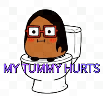 A Cartoon Of A Woman Sitting On A Toilet With The Words " My Tummy Hurts " GIF